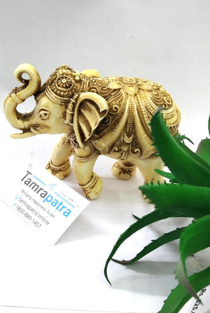 Resin Handicrafts Elephant Painted Ivory Gold With Hand Painting By Tamrapatra