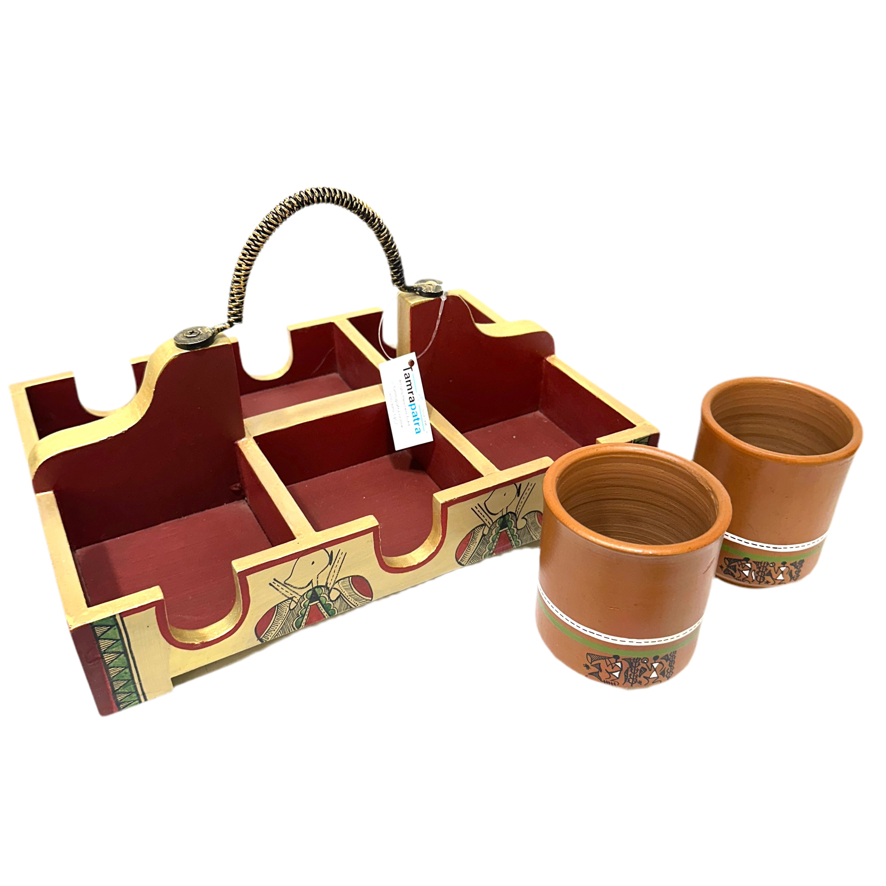Cup Glass Holder Tray With Partition Hand Painted Utility Kitchen Decor Tamrapatra