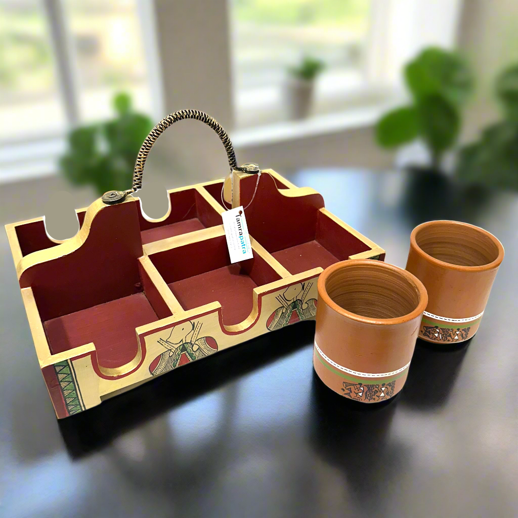Cup Glass Holder Tray With Partition Hand Painted Utility Kitchen Decor Tamrapatra