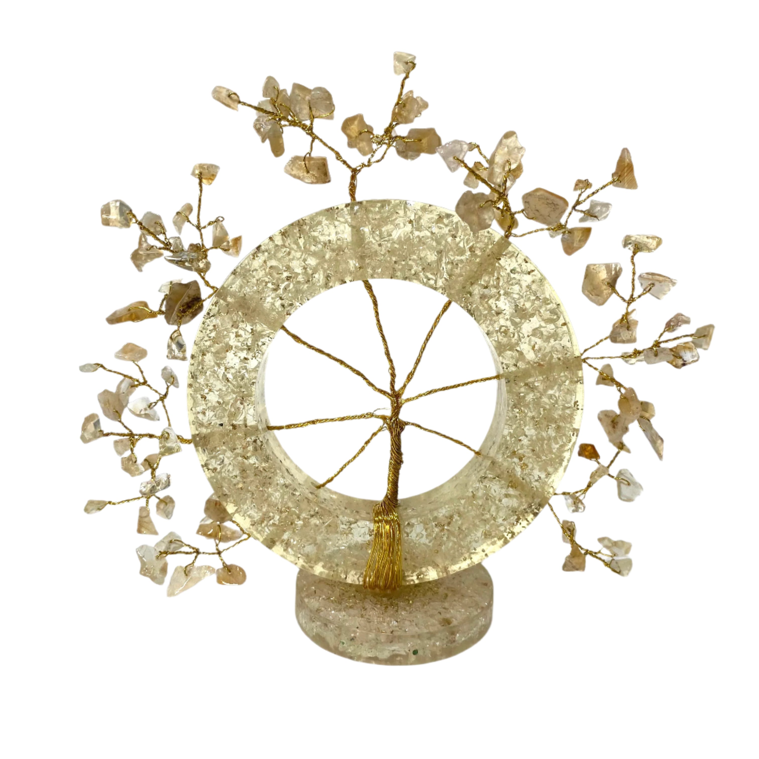 Decorative object with circular design and branch-like structures on a white background