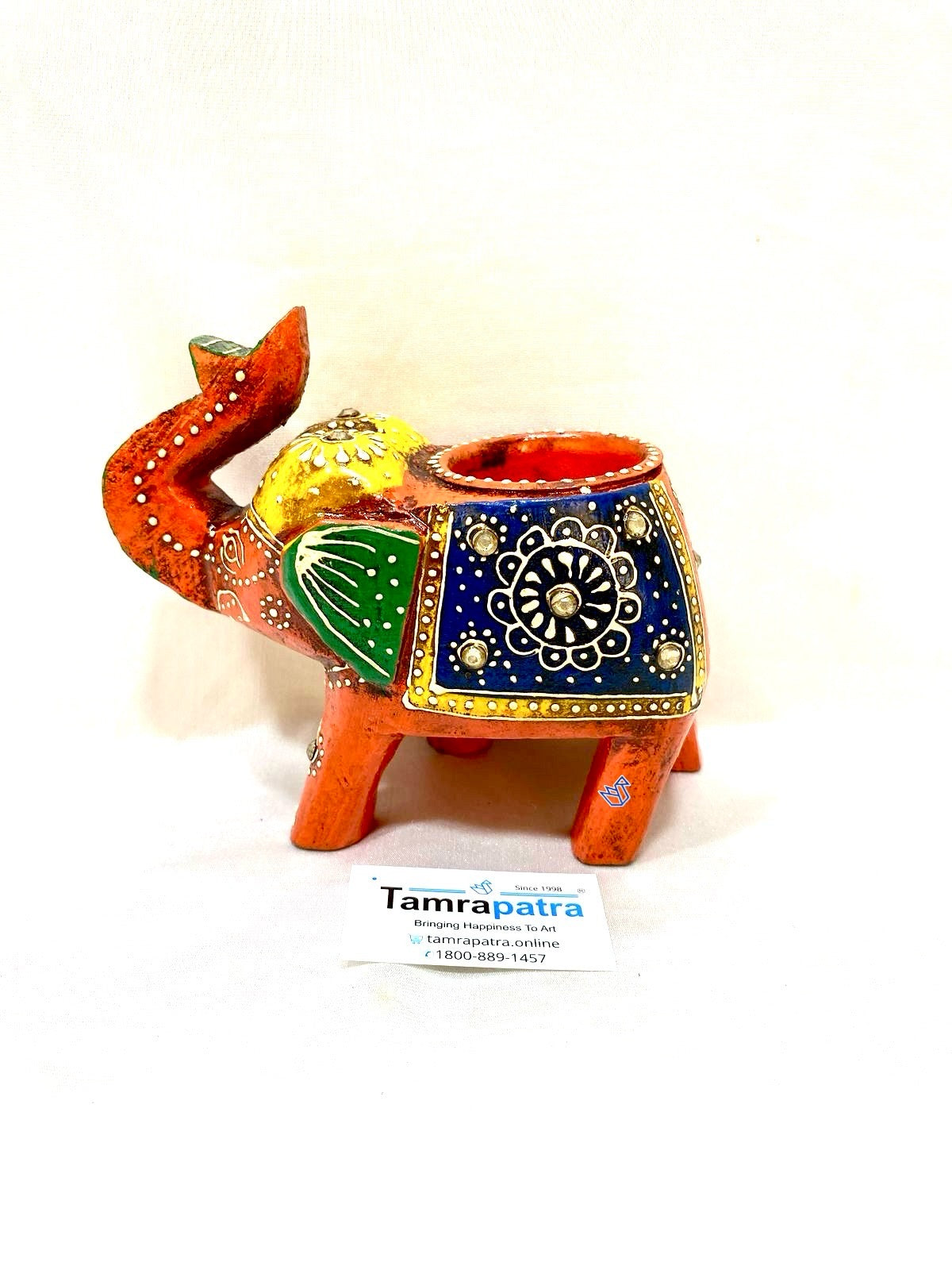 Elephant Tea Light Holder Hand Painted & Carved Wood Collection By Tamrapatra