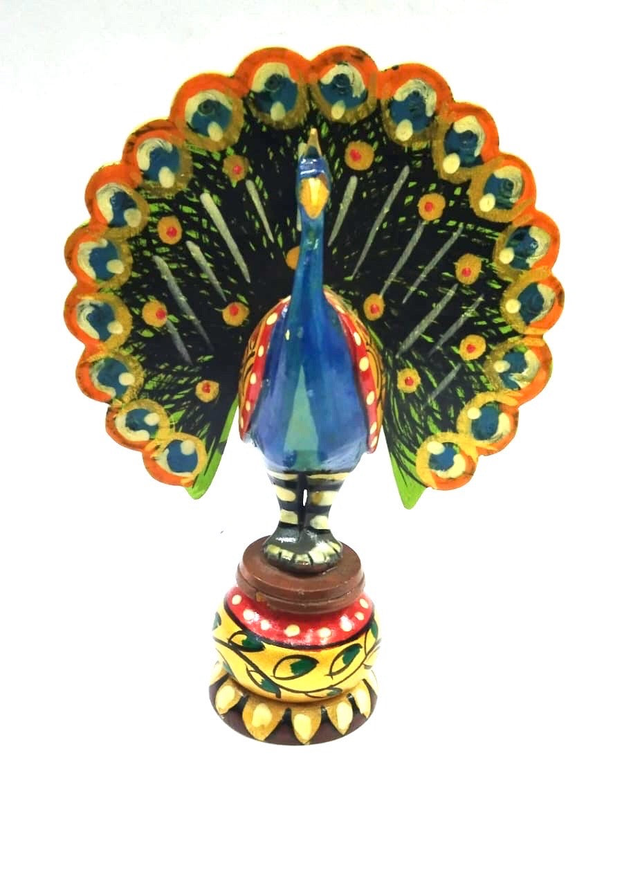 Peacock Attractive Open Feather Hands Painted Wooden Carved Tamrapatra