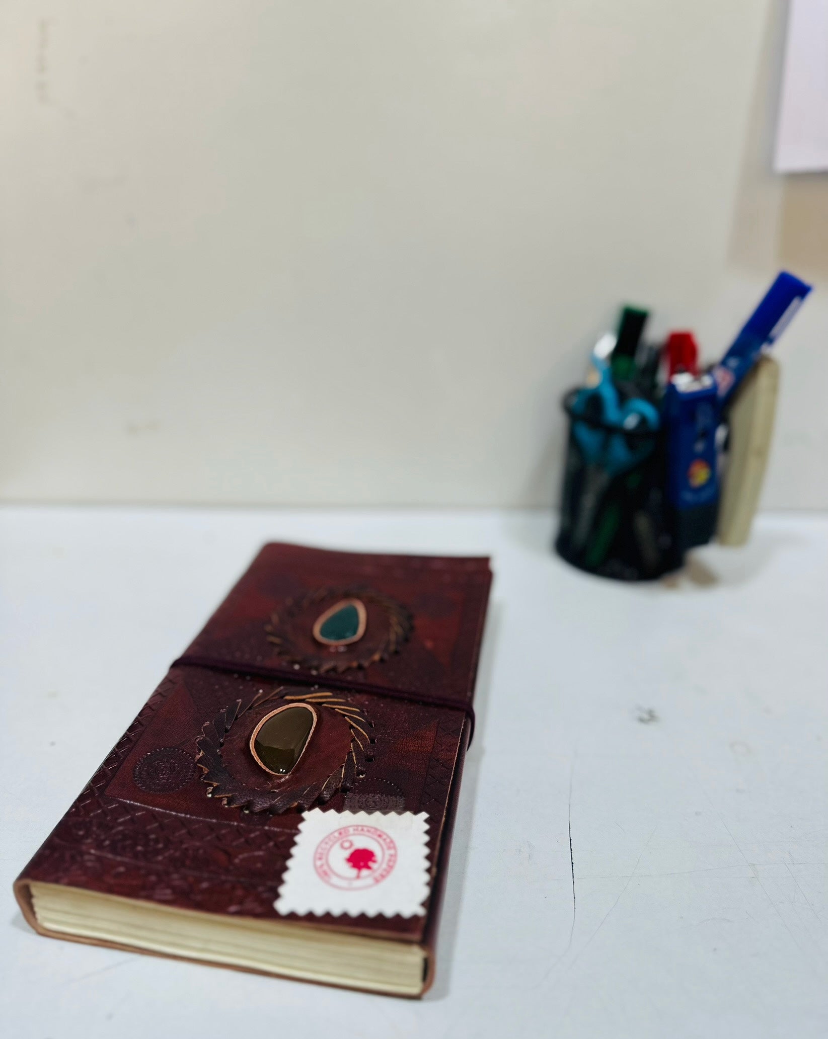 Leather Stitched Diary With Stone Handmade Paper Premium Collection Tamrapatra