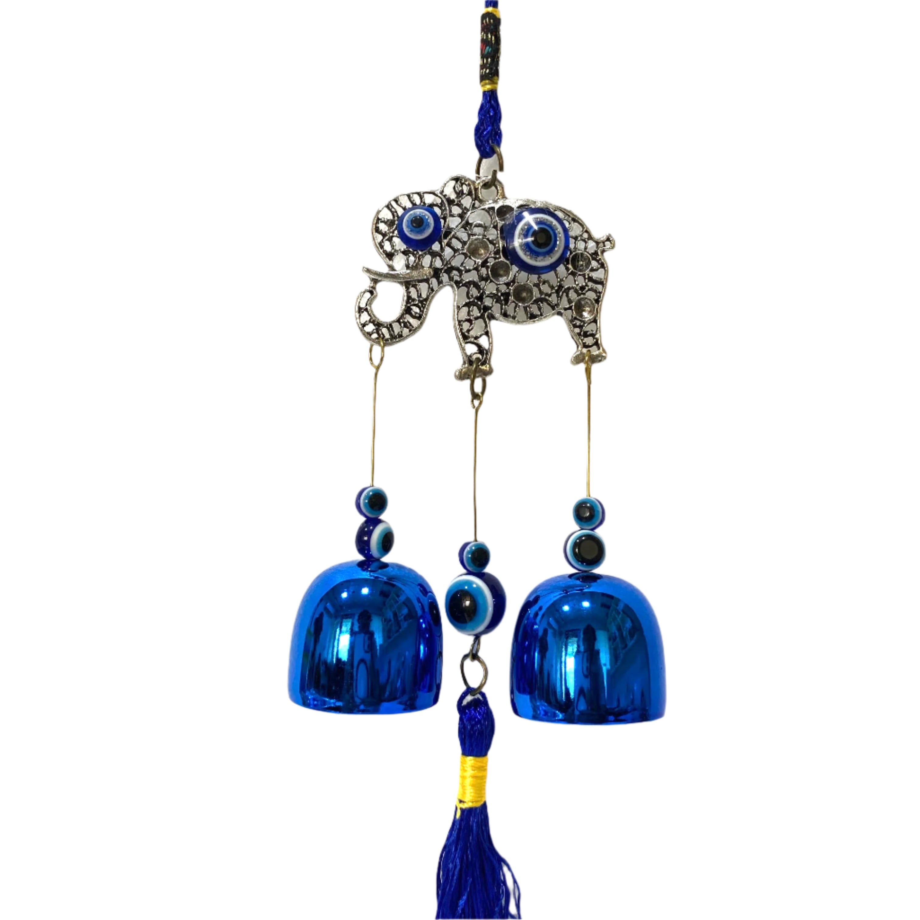 Decorative hanging with blue bells and an elephant figure on a textured white background