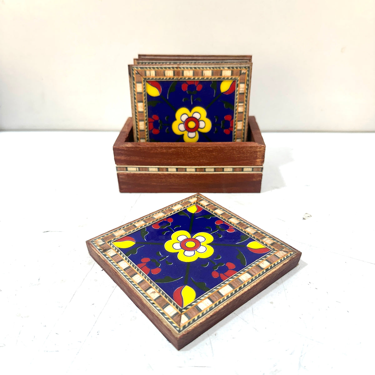 Wooden Blue Pottery 4 Tea Coasters Natural Handcrafted Utility By Tamrapatra - Tamrapatra