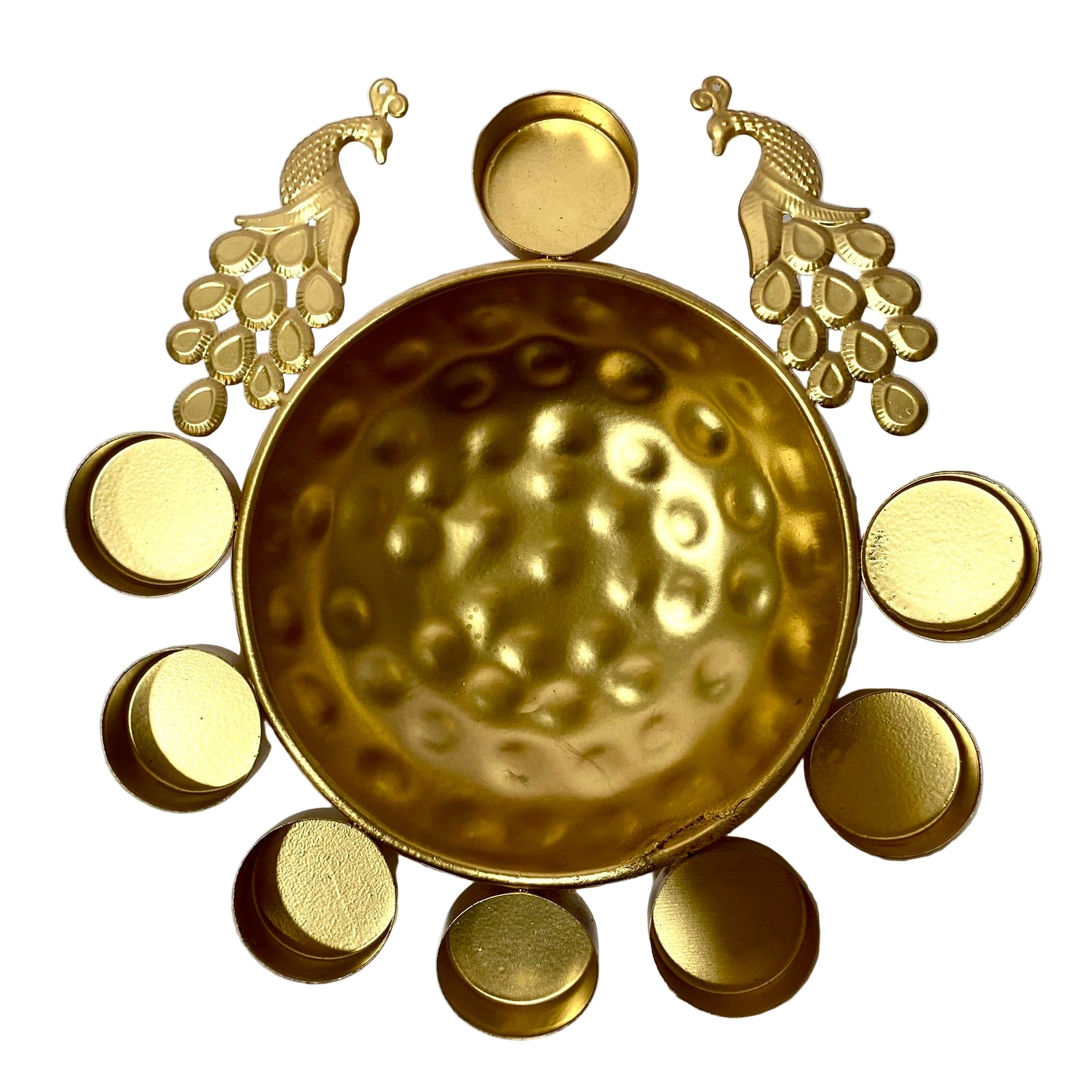Decorative gold bowl with peacock designs on a white background