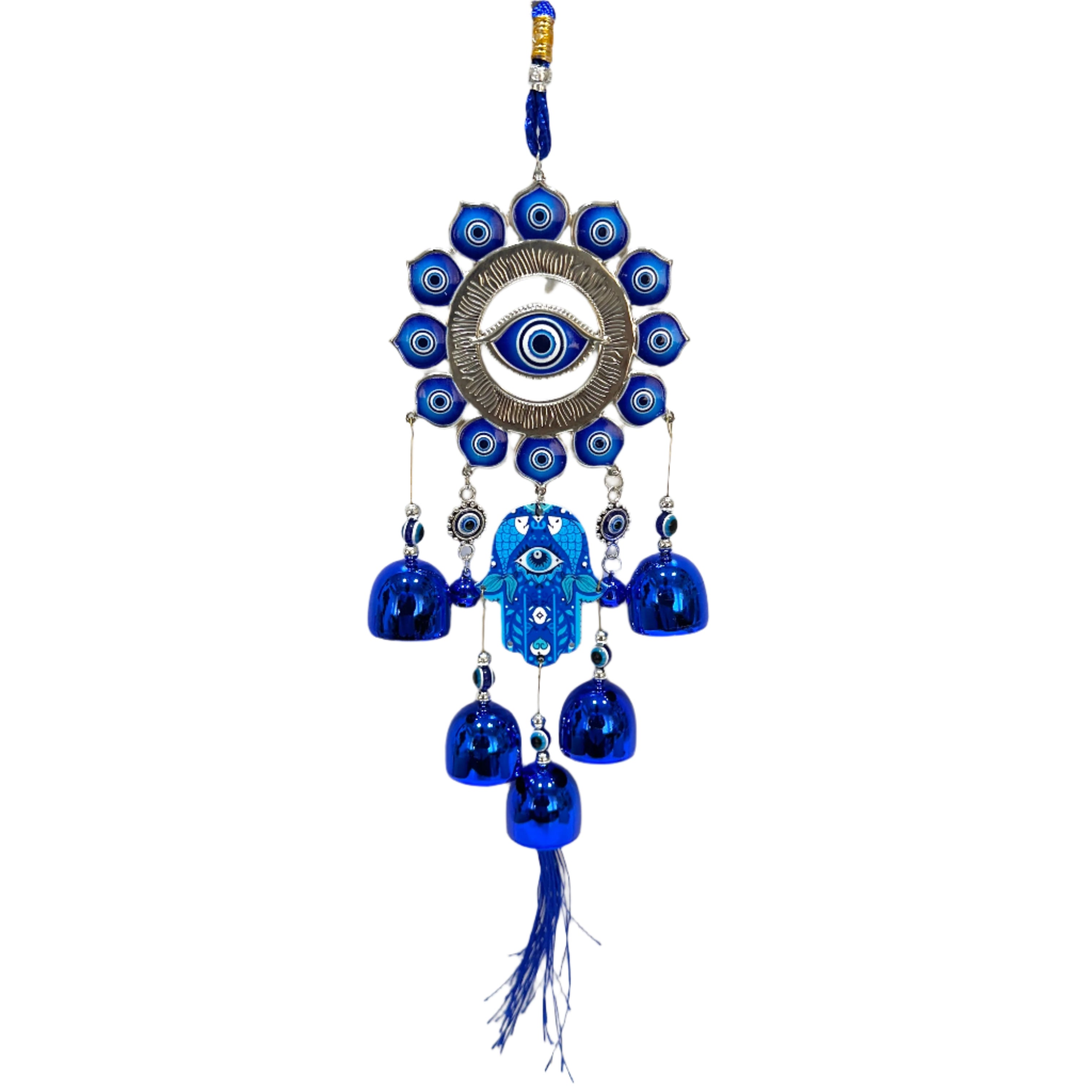 Decorative wall hanging with blue evil eye beads and a tassel on a white background