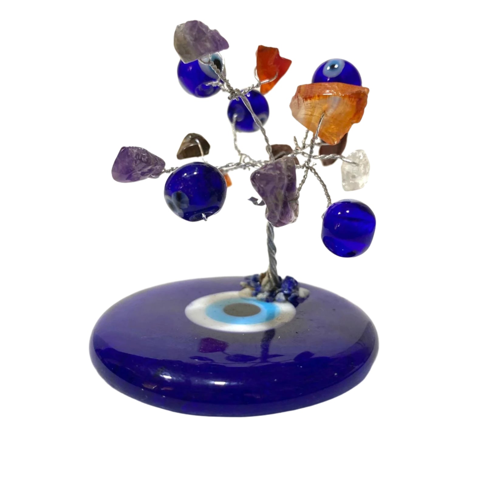 Decorative tree with colorful beads on a blue base