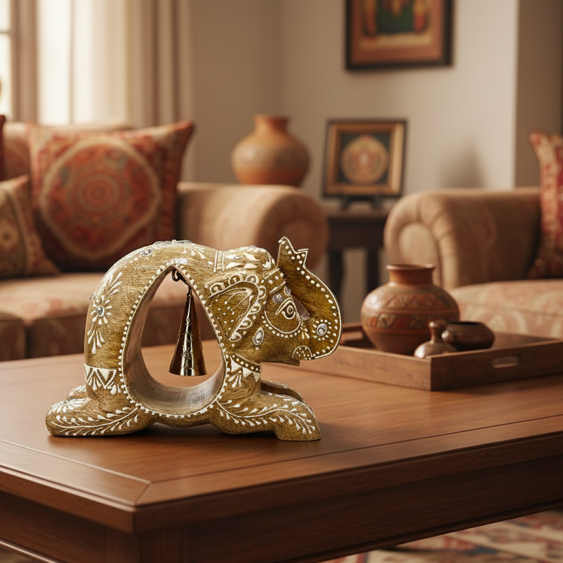 Metallic Bell Wooden Elephant Painted Natural Handcrafted Ideas From Tamrapatra - Tamrapatra