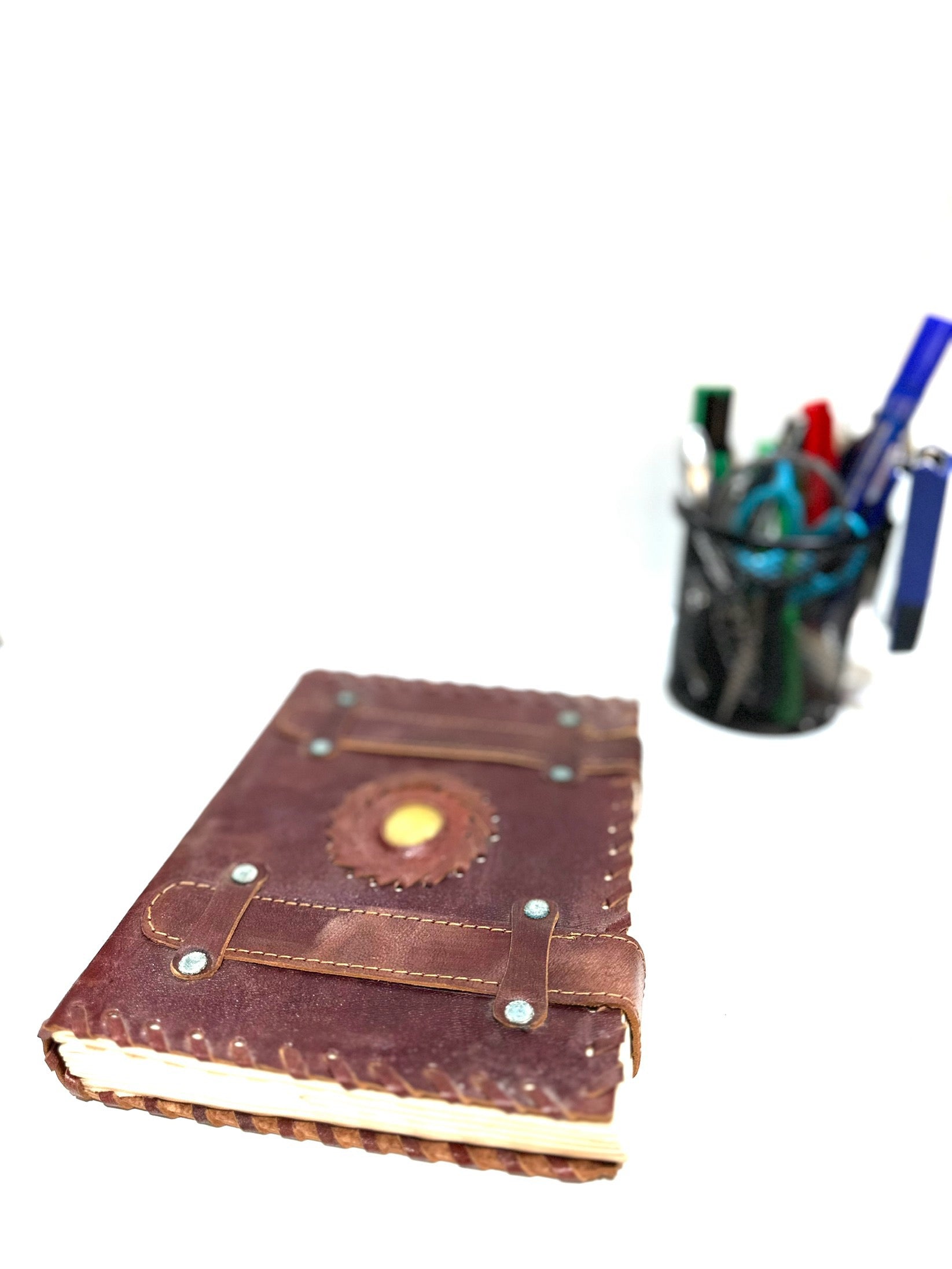 Leather Stitched Diary With Stone Handmade Paper Premium Collection Tamrapatra