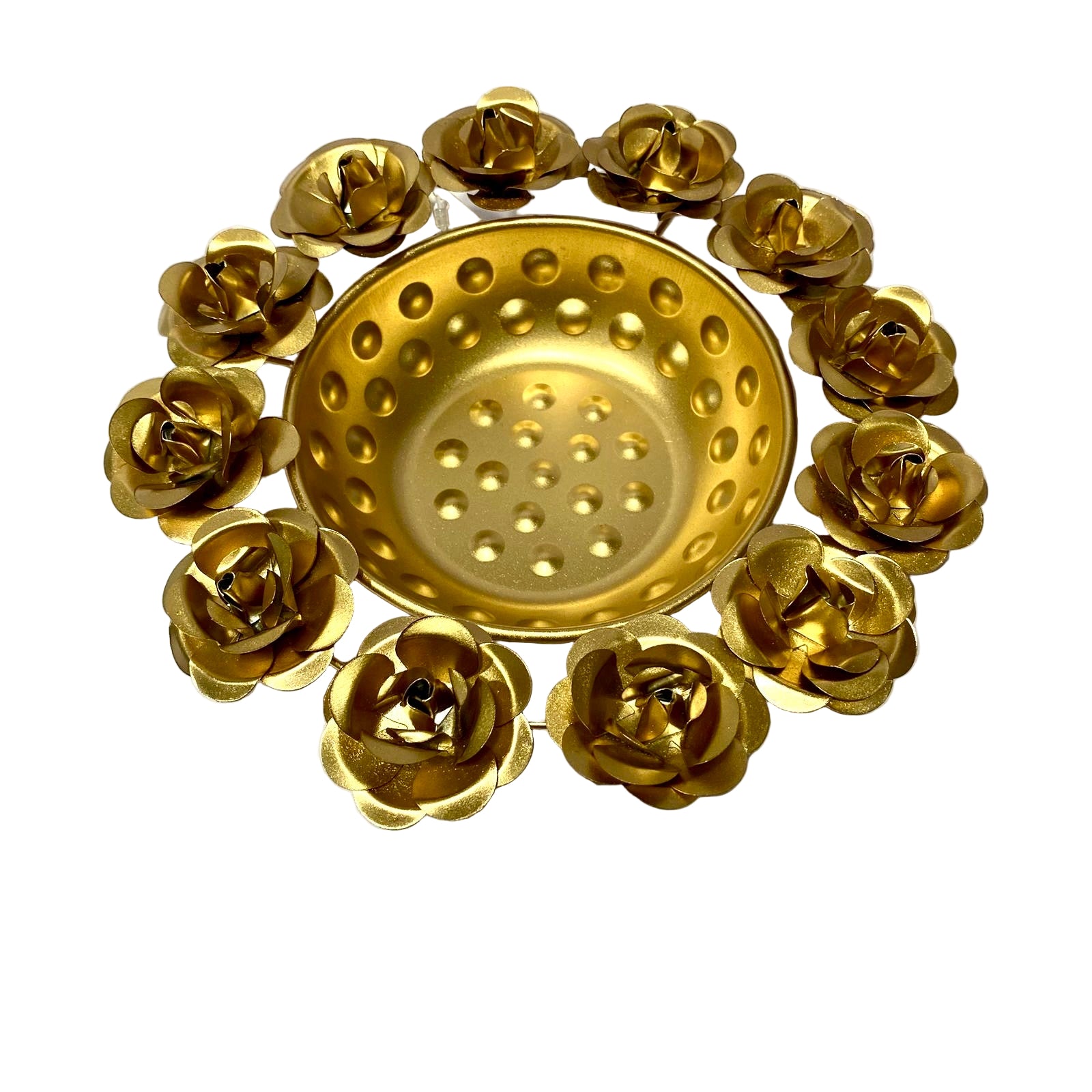 Gold decorative item with rose-shaped designs on a white background