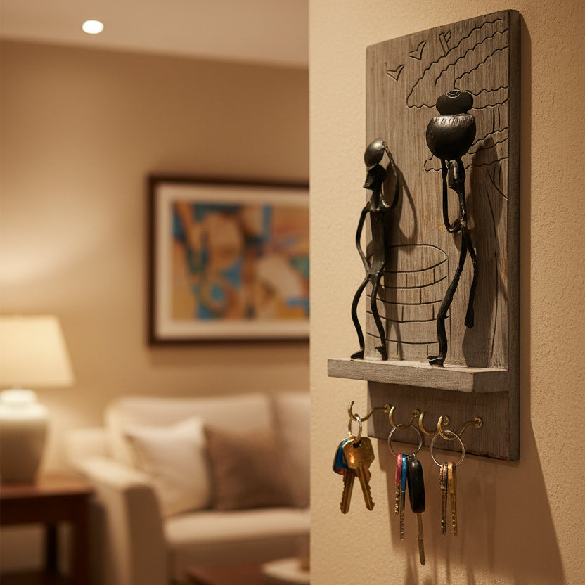 Wood Carved Tribal Lifestyle Based Wrought Iron Key Holder Now At Tamrapatra - Tamrapatra
