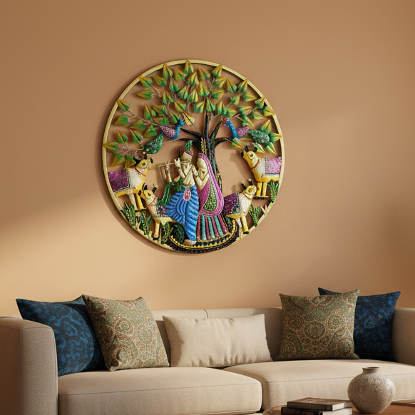 Decorative wall art with colorful figures on a beige wall above a sofa.