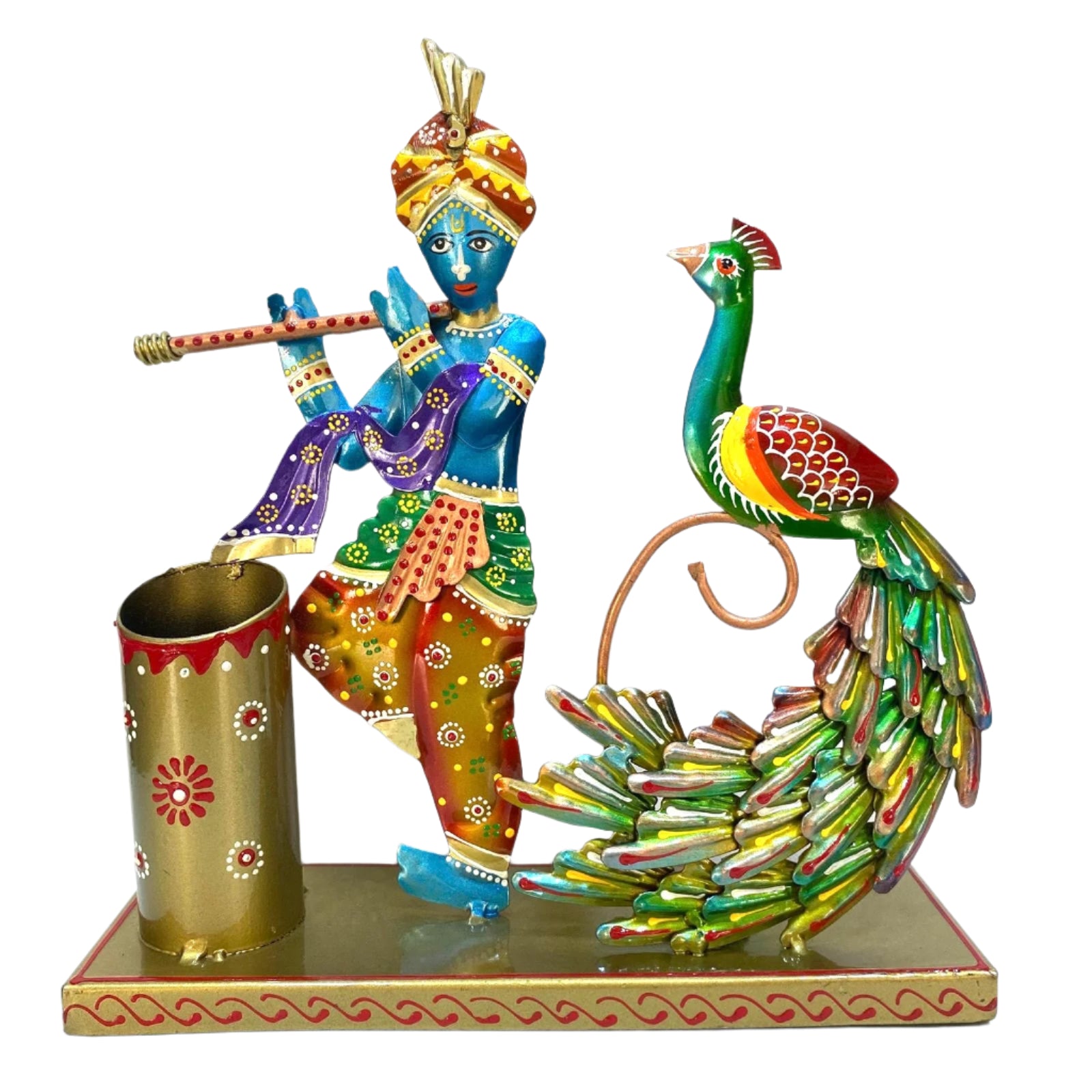 Traditional Krishna Peacock Styled Pen Holder In Golden Shades From Tamrapatra
