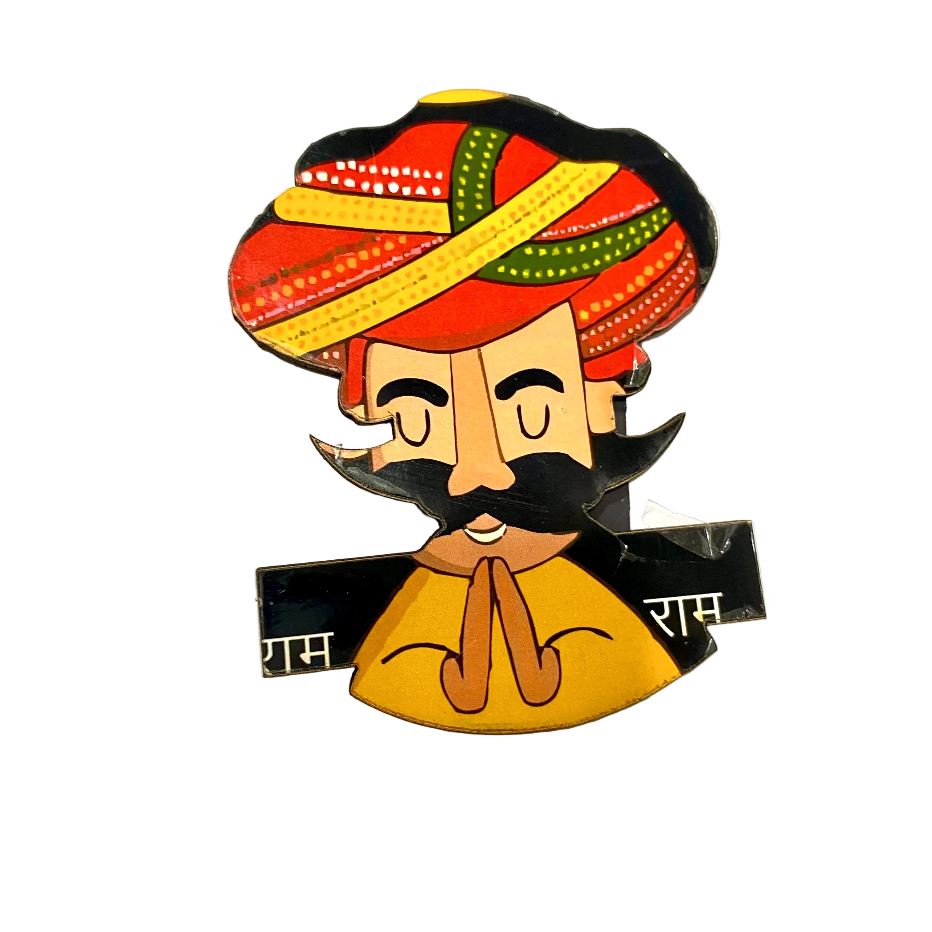 Decorative wall art of a man with a colorful turban on a white background