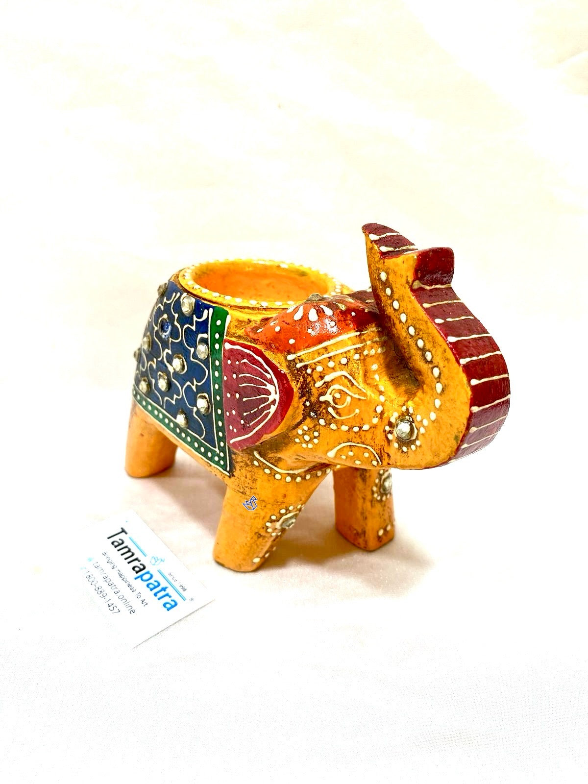 Elephant Tea Light Holder Hand Painted & Carved Wood Collection By Tamrapatra