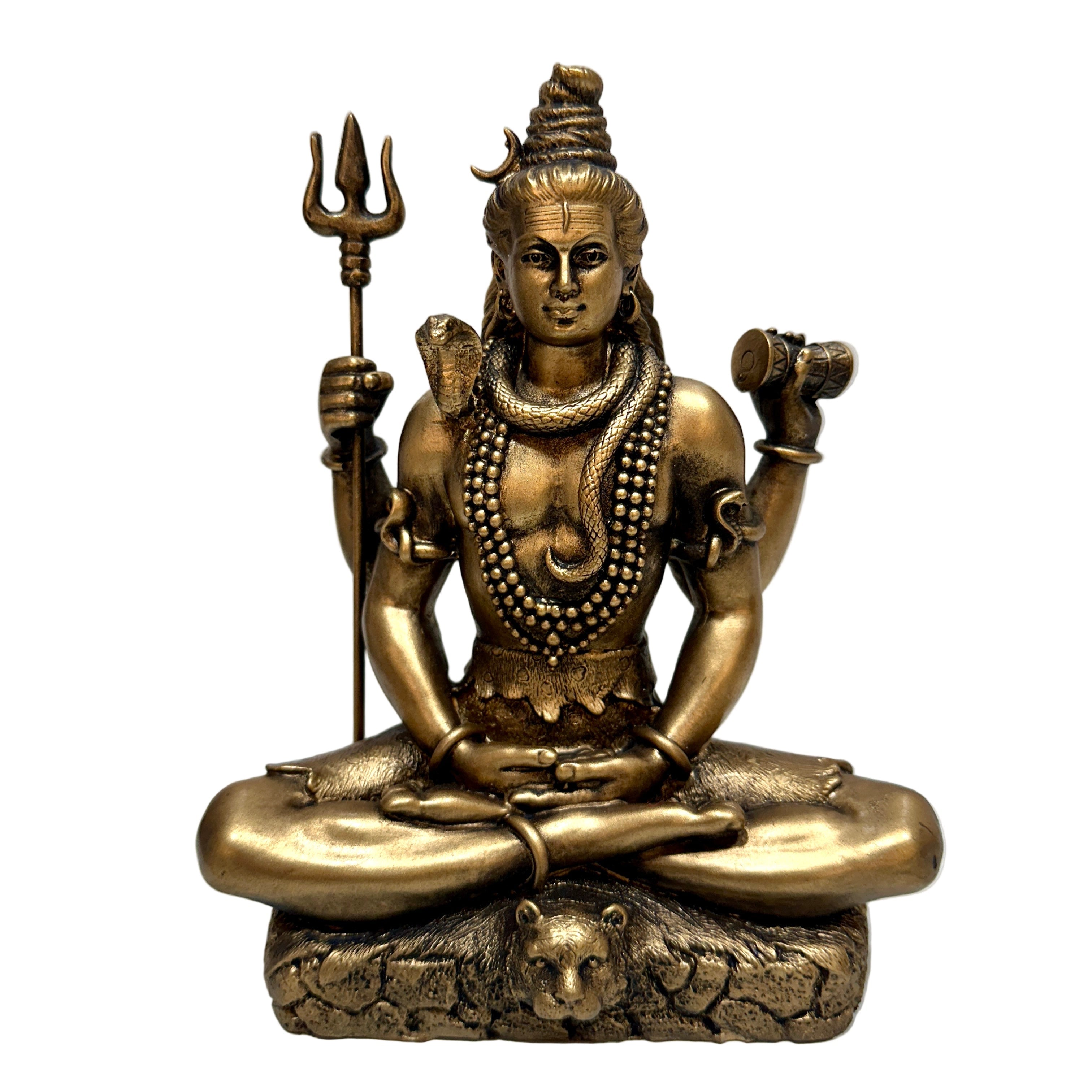 Bronze statue of a seated figure with a trident and other symbols on a white background