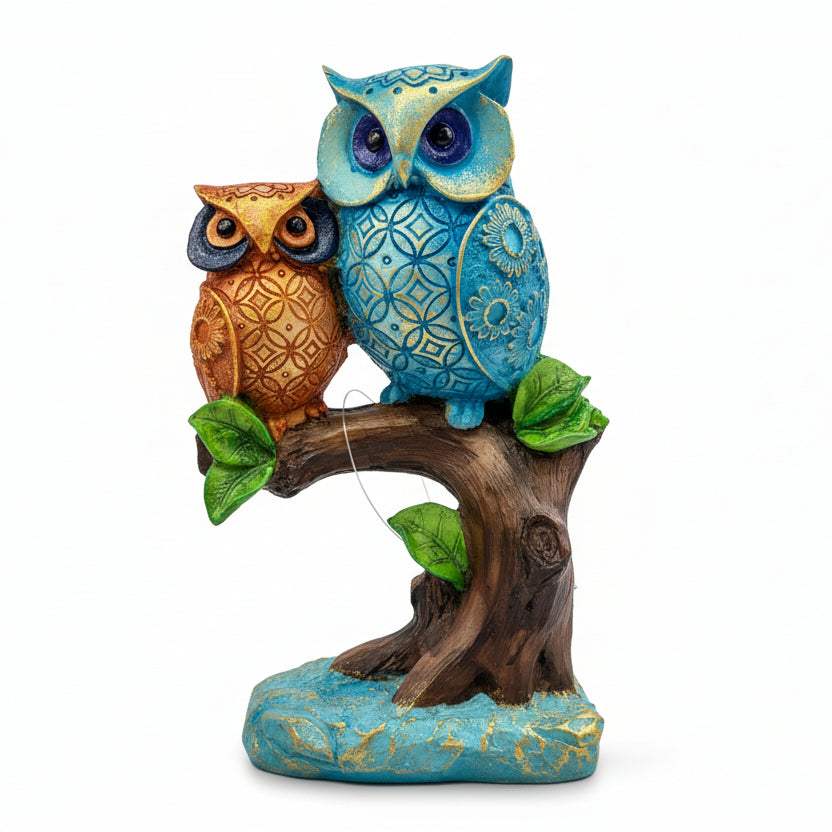 Decorative figurine of two owls on a branch with a blurred background