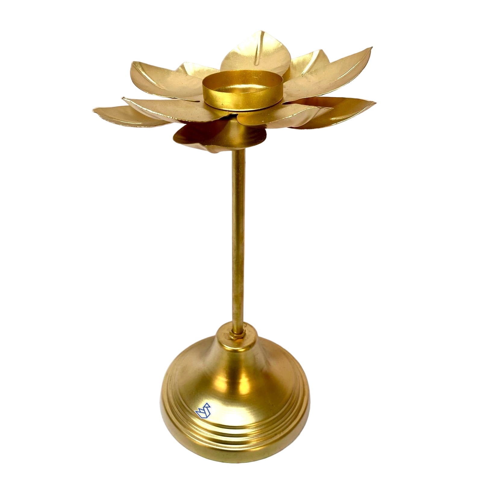 Gold lotus-shaped candle holder on a white background