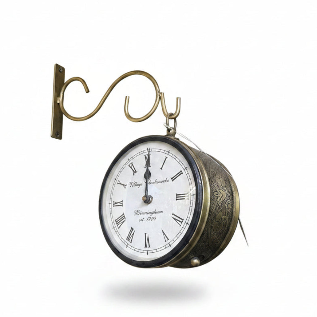 Decorative wall clock with Roman numerals on a wall with various decorations.