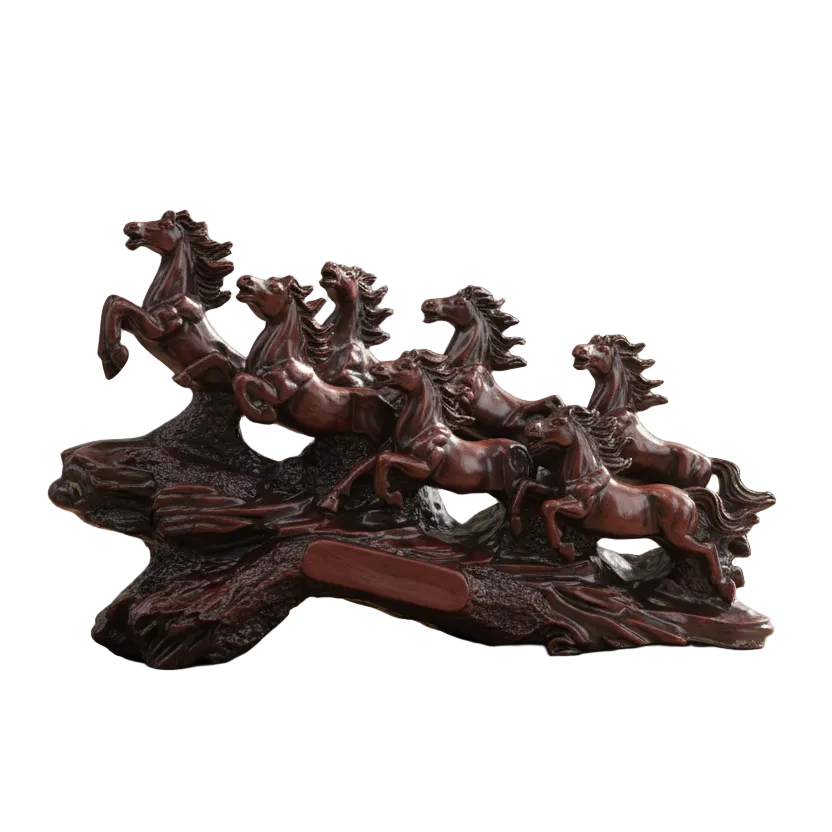 Decorative sculpture of horses on a wooden base with a plant in the background