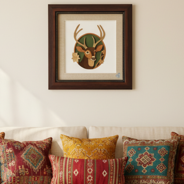 Wooden Deer 3D Art Frame Handcrafted Wall Hangings Excellence By Tamrapatra