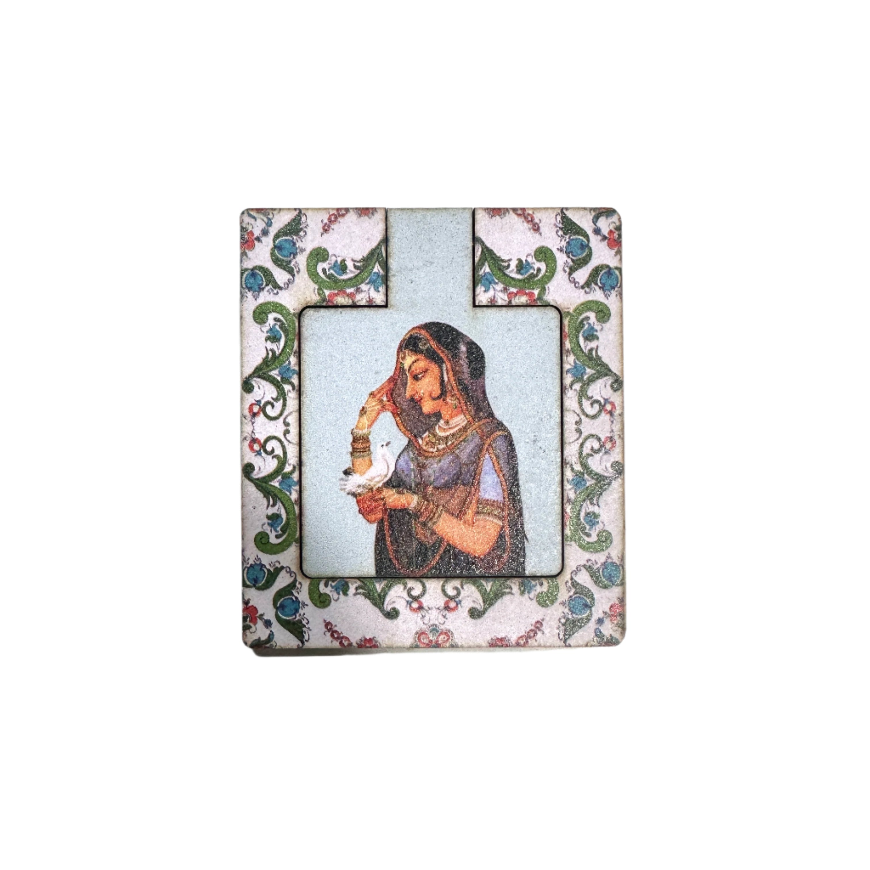 Decorative frame with a woman holding a bird on a textured white background