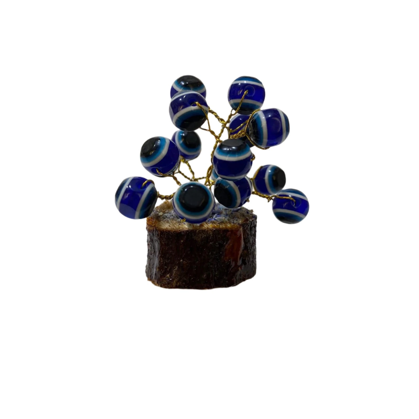 Decorative piece with blue and black spherical beads on a wooden base against a white background