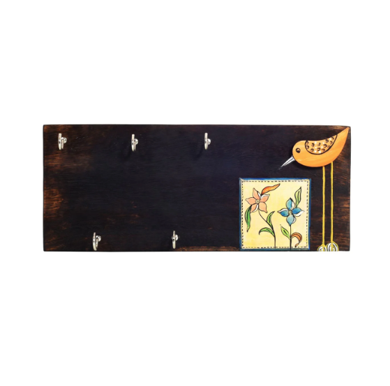 Wooden Cut Bird With Floral Theme Painted Bright Colors Key Hanger By Tamrapatra