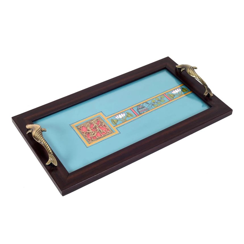 Aqua Blue Designer Wooden Tray With Tough Glass On Dhokra Art From Tamrapatra