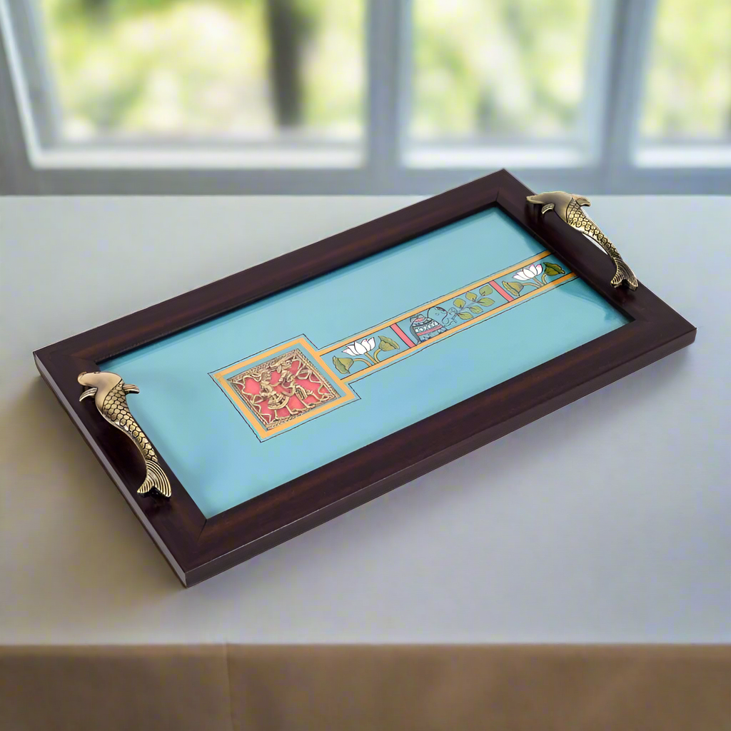 Aqua Blue Designer Wooden Tray With Tough Glass On Dhokra Art From Tamrapatra