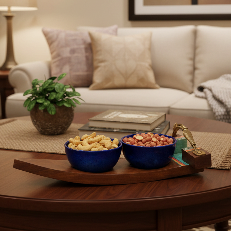 Unique Boat Shaped Wooden Tray & 2 Attractive Ceramic Bowls By Tamrapatra