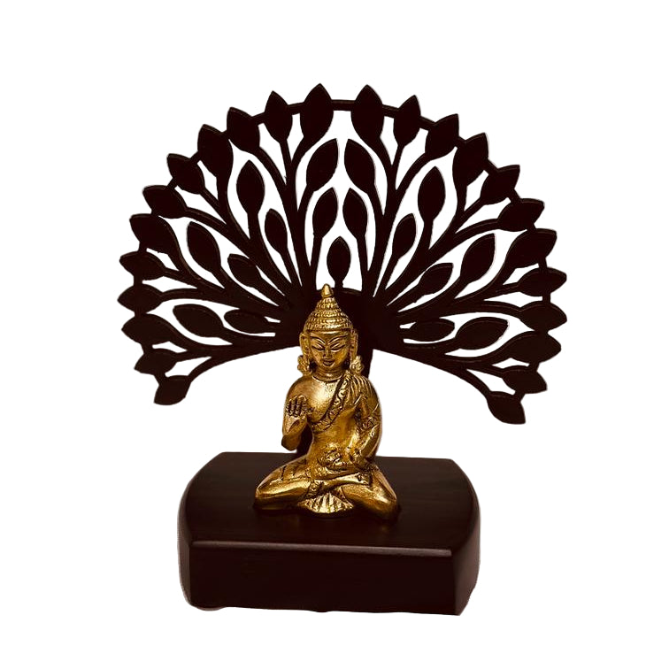 Ganesha Buddha Brass Idol Under Wooden Carving Tree Artwork From Tamrapatra