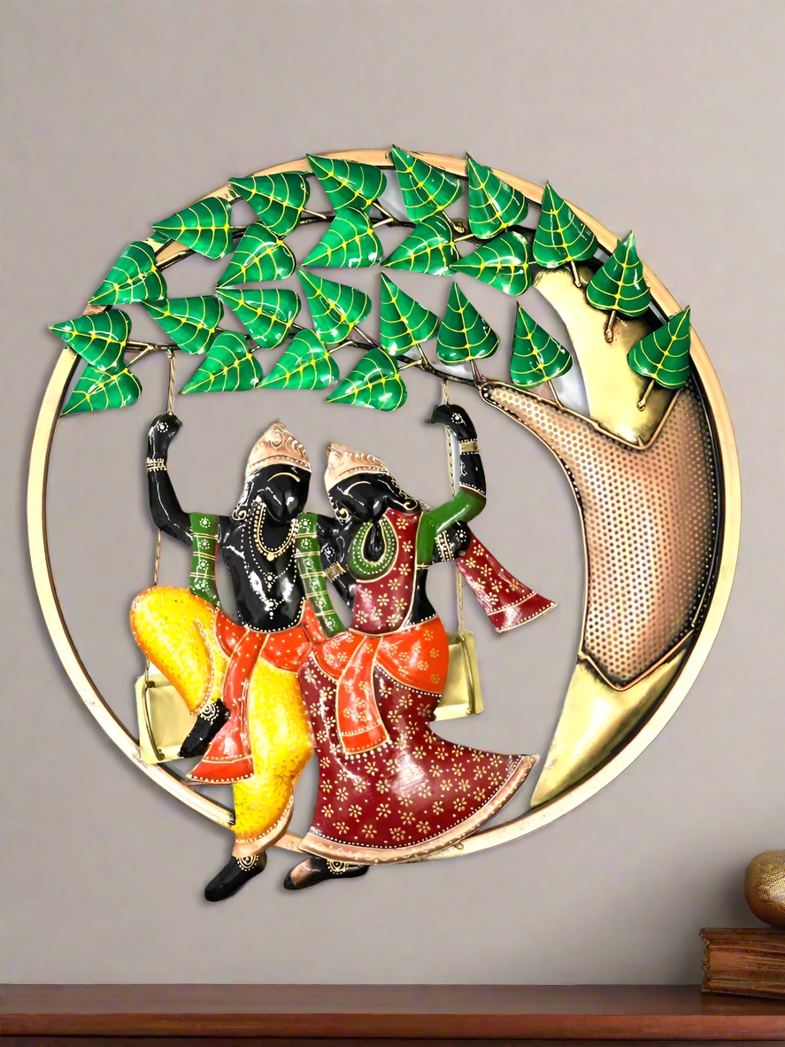 Radha Krishna Jhula Swing In Attractive Shades Round Metal Wall Art By Tamrapatra