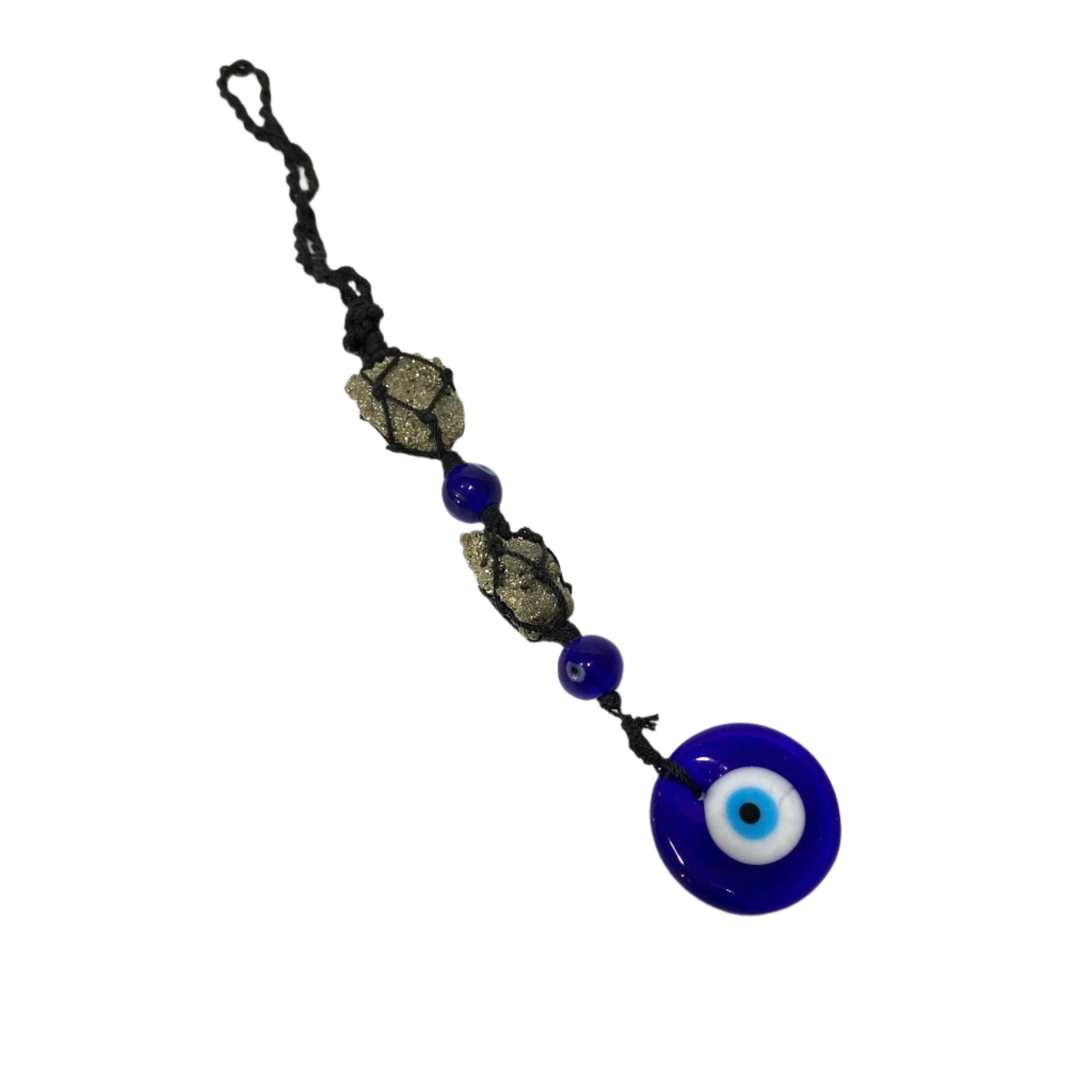 Necklace with blue evil eye pendant and black cord on a white background