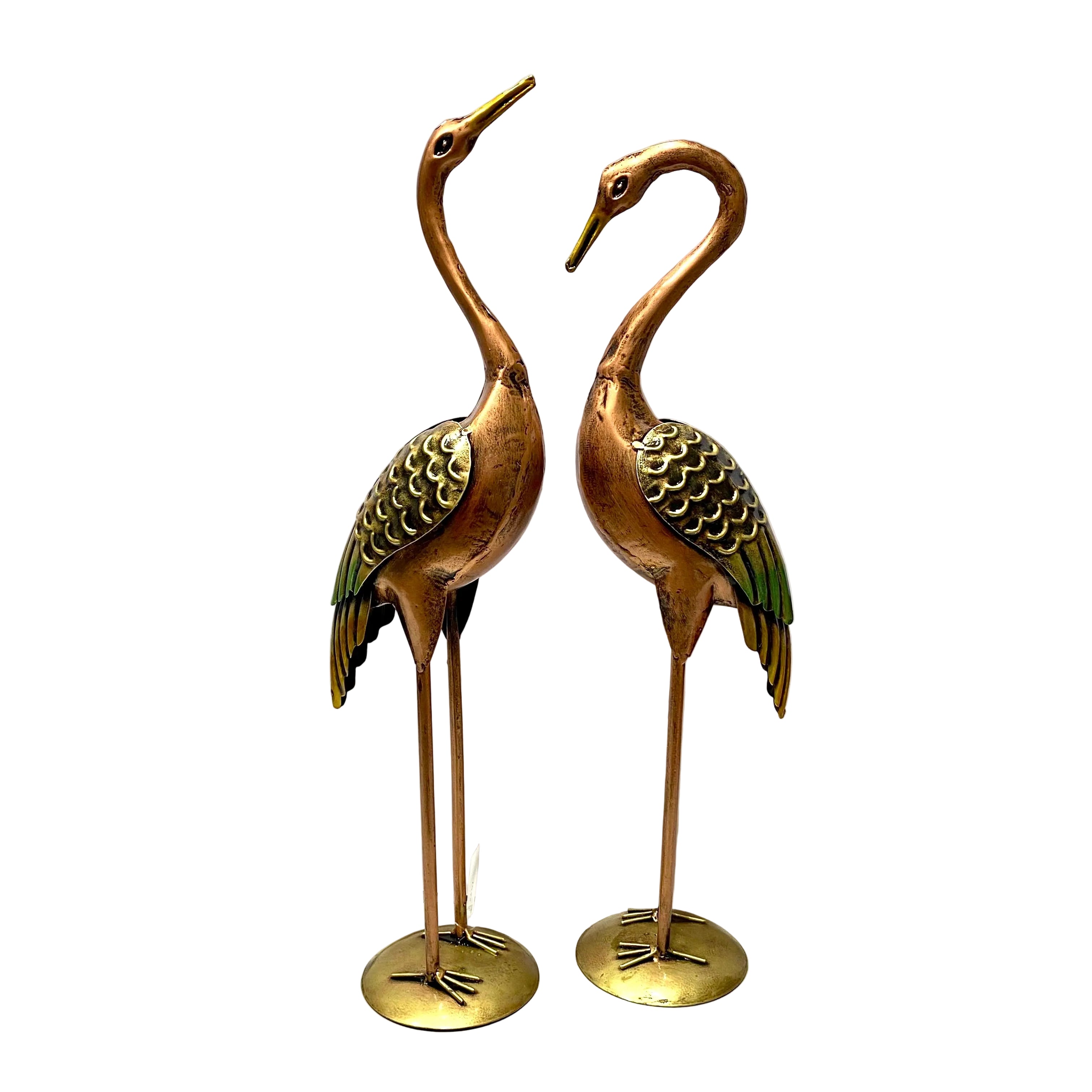 Two brass cranes on a white background