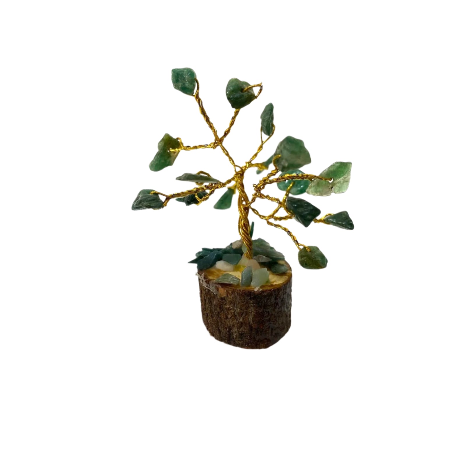 Decorative tree made of green stones and gold branches on a white background