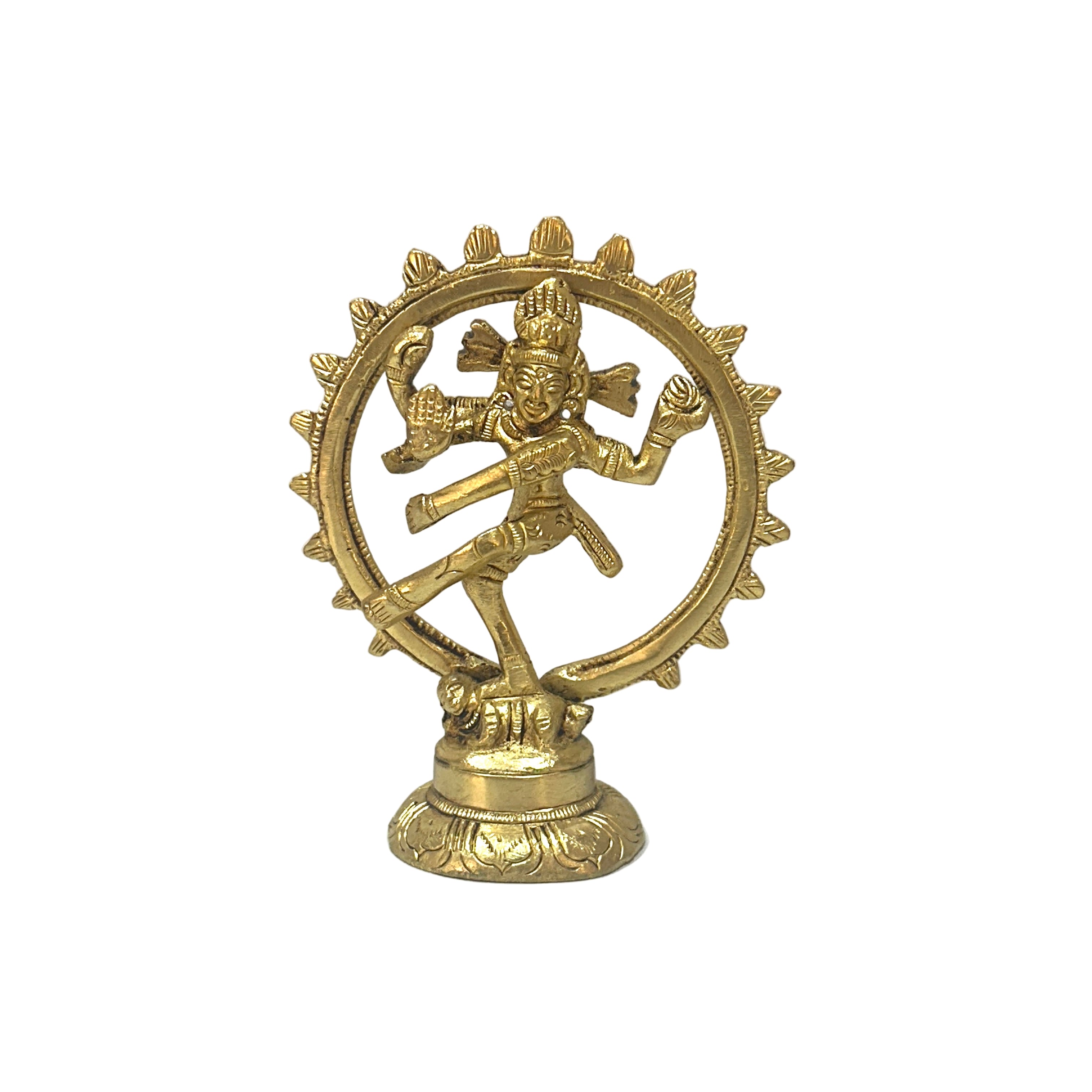 Brass statue of a dancing figure on a white background