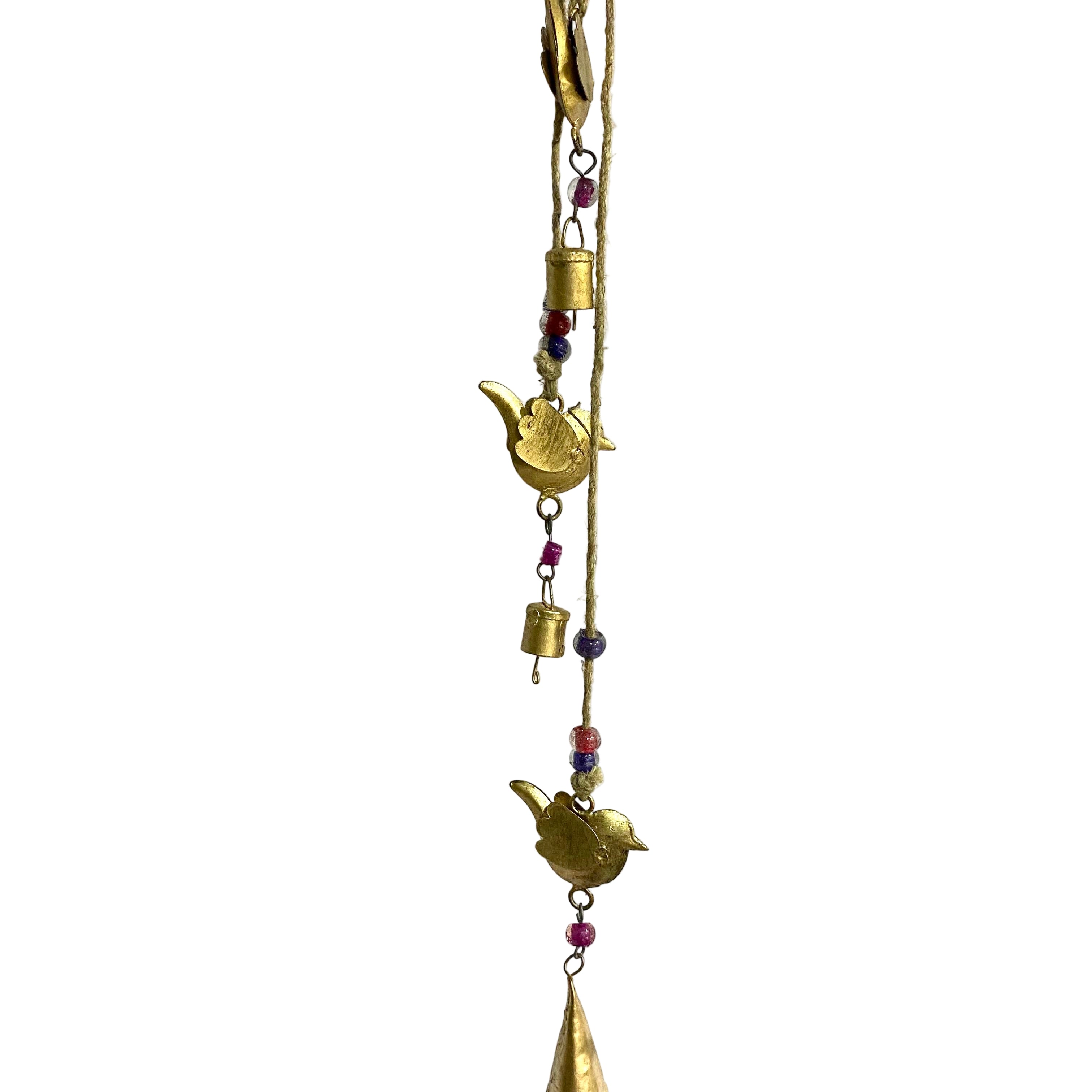 Long gold necklace with teapot-shaped pendants on a white background