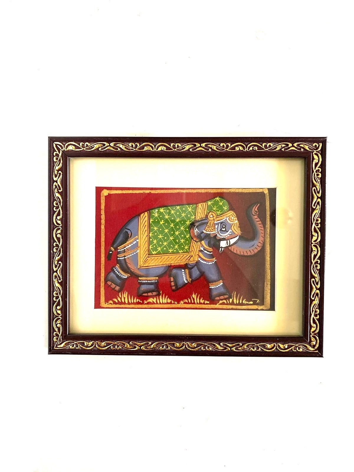 Hand Painted Elephants On Cloth Enclosed In Frame Hangings From Tamrapatra