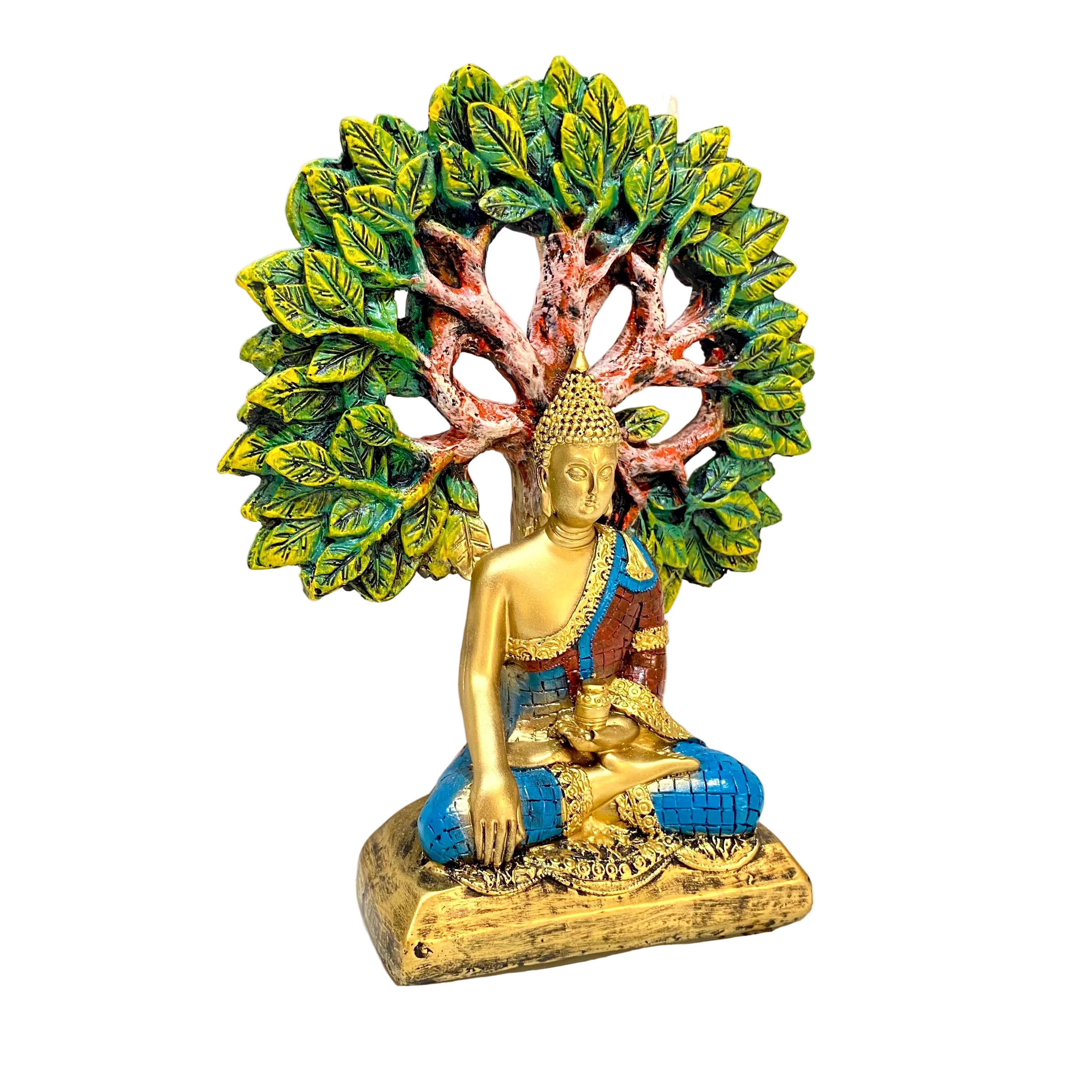 Colorful statue of a meditating Buddha under a tree with green leaves on a white background