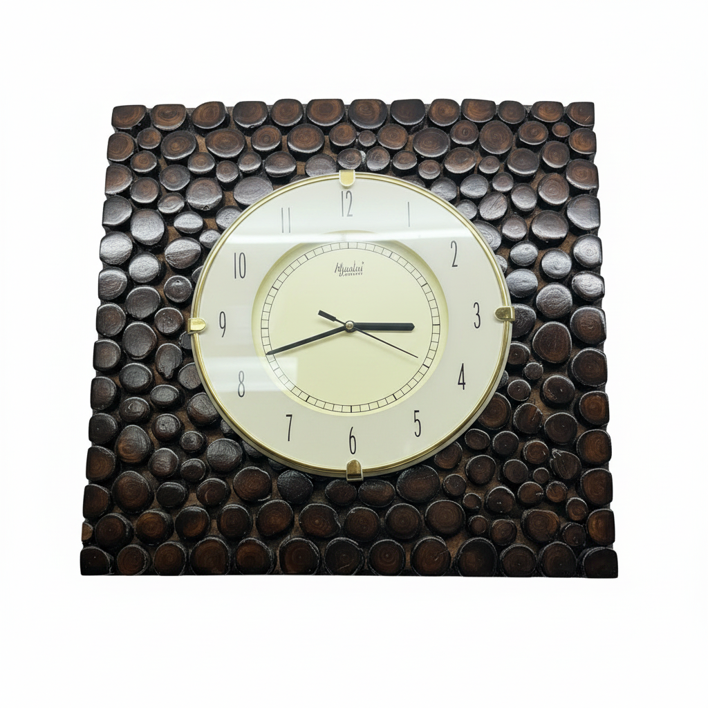 Decorative wall clock with pebble-like design on a textured wall.
