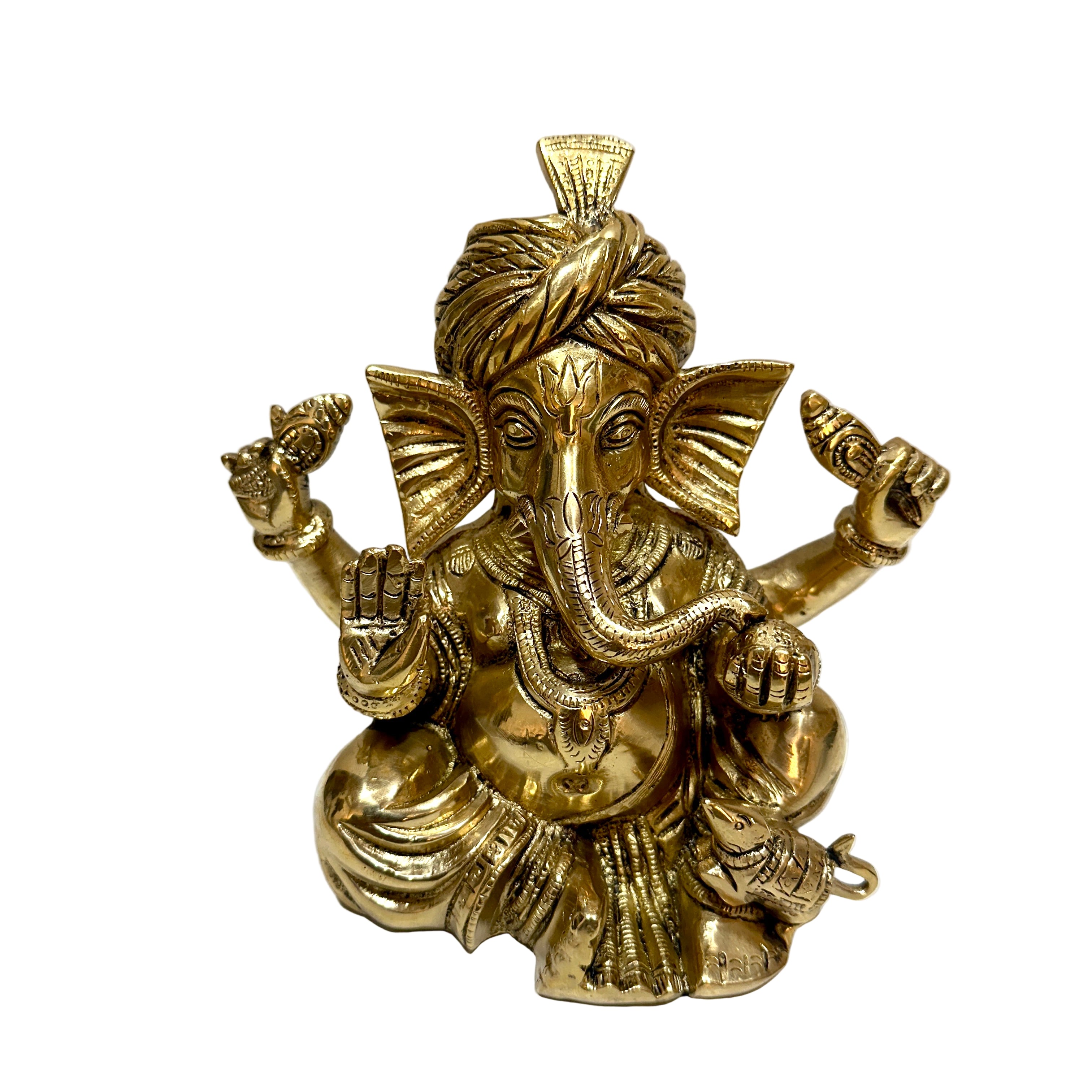 Gold-colored statue of a deity with a white background