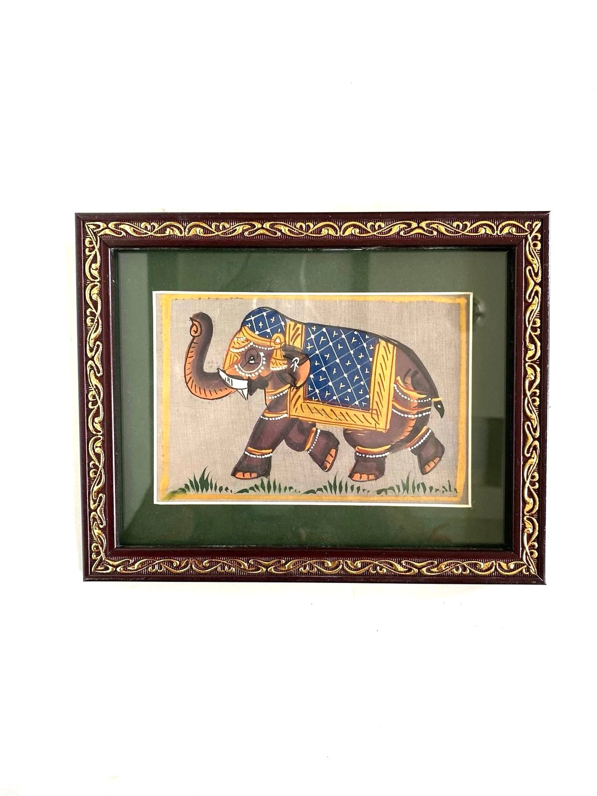 Hand Painted Elephants On Cloth Enclosed In Frame Hangings From Tamrapatra