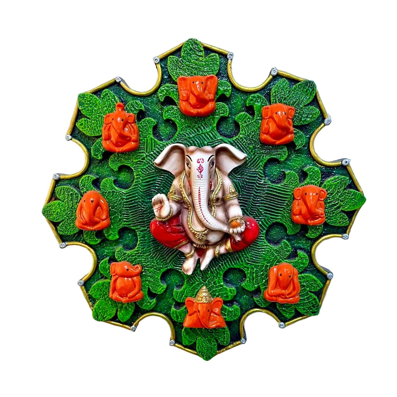 Decorative wall art with a central figure of a seated deity surrounded by smaller figures on a textured white background.