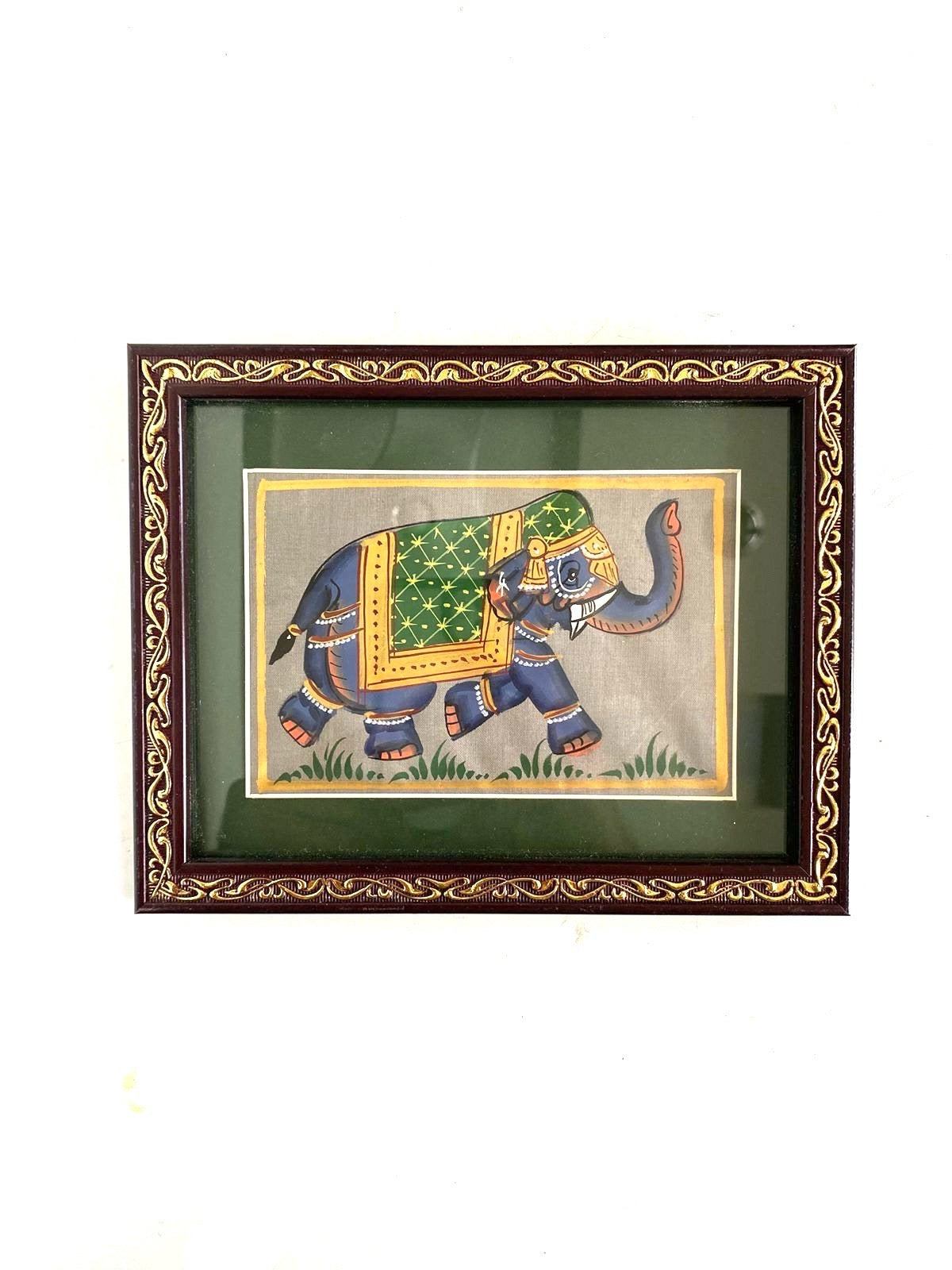 Hand Painted Elephants On Cloth Enclosed In Frame Hangings From Tamrapatra