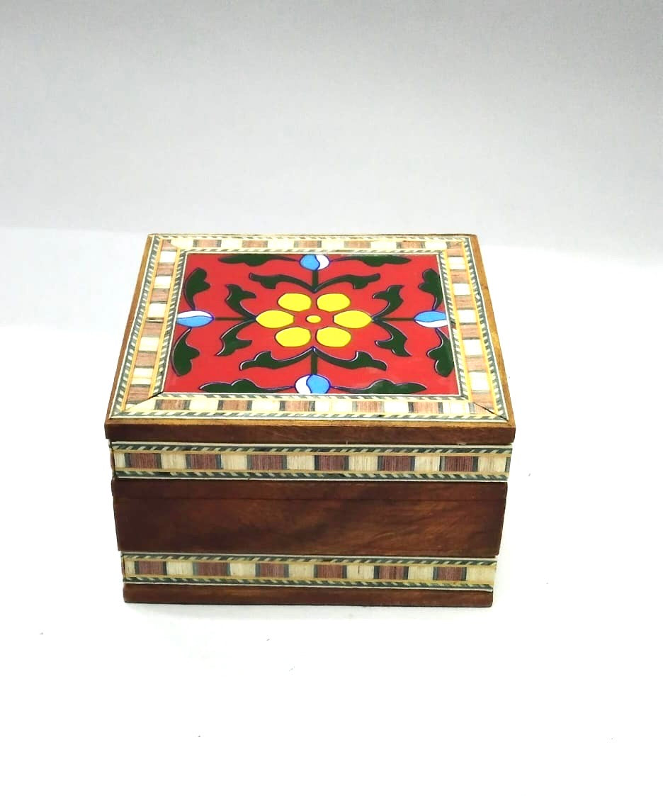 Single Blue Pottery Tile Wooden Box Storage Utility Handcrafted From Tamrapatra