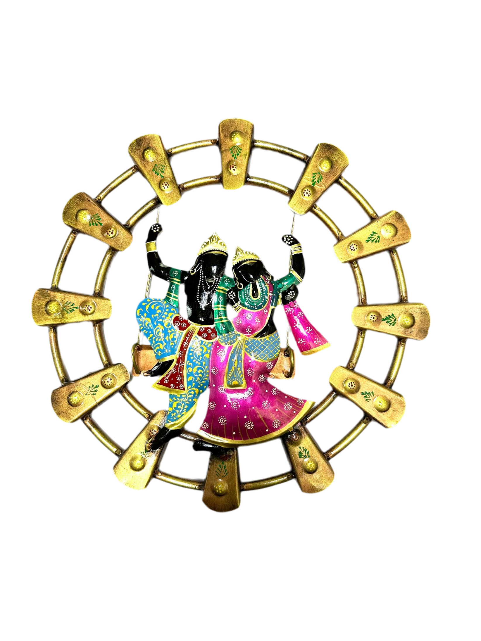 Radha Krishna Jhula Swing In Attractive Shades Round Metal Wall Art By Tamrapatra