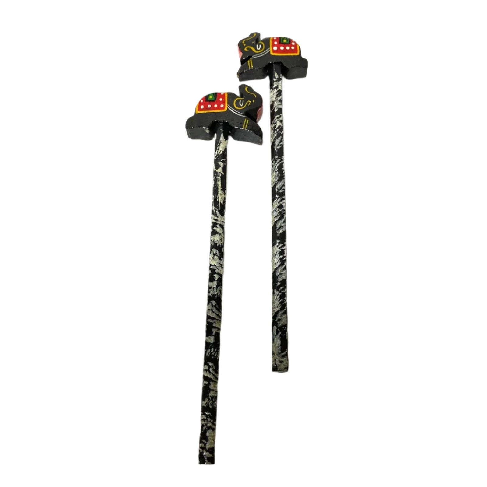 Two black and gray pencils with decorative tops on a white background