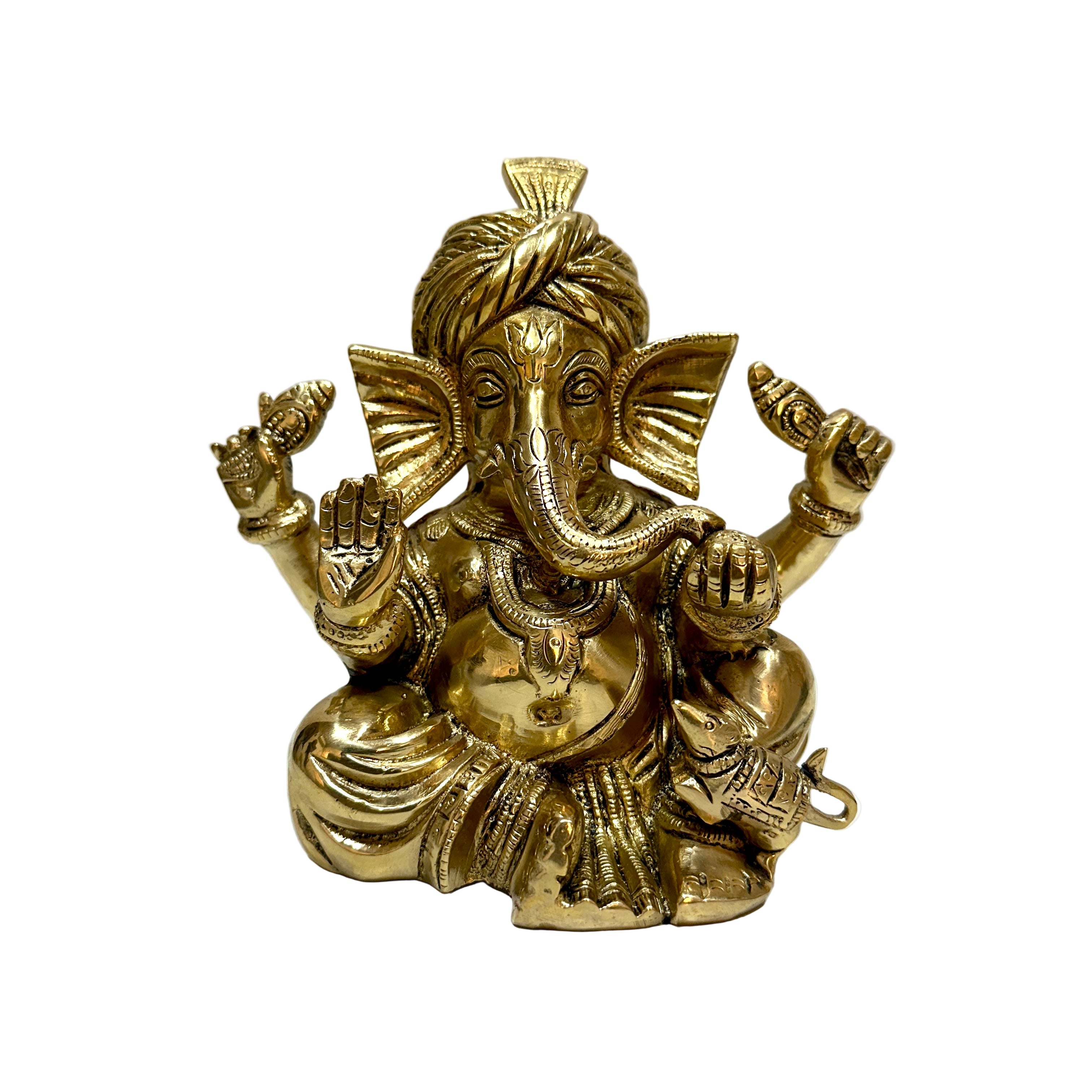 Gold-colored statue of a deity with multiple arms on a white background
